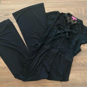 Betsey Johnson Jumpsuit Polka Dot Lace Top, Wide Leg Pants Black Women’s Sz 14